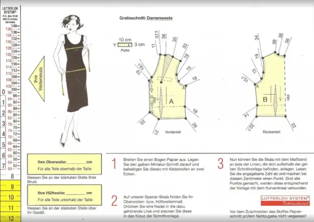 Mönster av kläder från Tyskland. Kanske kommer det att hjälpa till med definitionen av storlek och byggmönster.