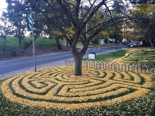 Il Maestro trasforma le foglie in belle opere dell'arte della Terra