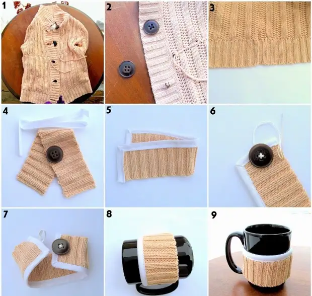 ایک پرانے سویٹر کے ایک کپ کے لئے ایک سجاوٹ کیسے بنائیں: مرحلہ وار قدم ہدایات.