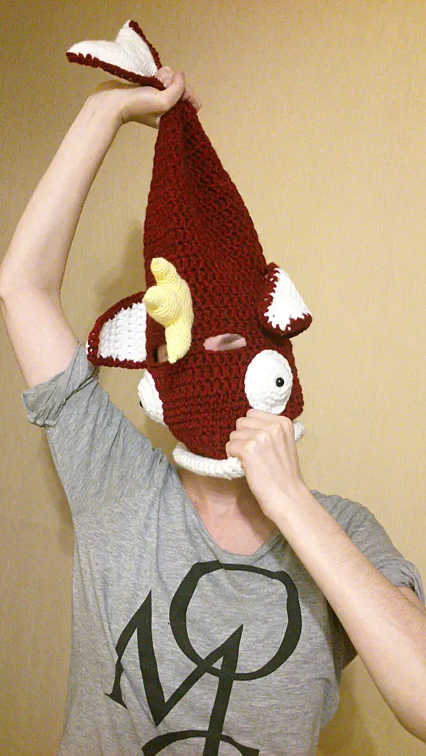 Koofiyad-ka-kalluunka-ka-kalluunka, crochet, waxyaalaha asalka ah, my, dheer, irbadhka oo aan haysan geedi socod, magicarp, pokemon