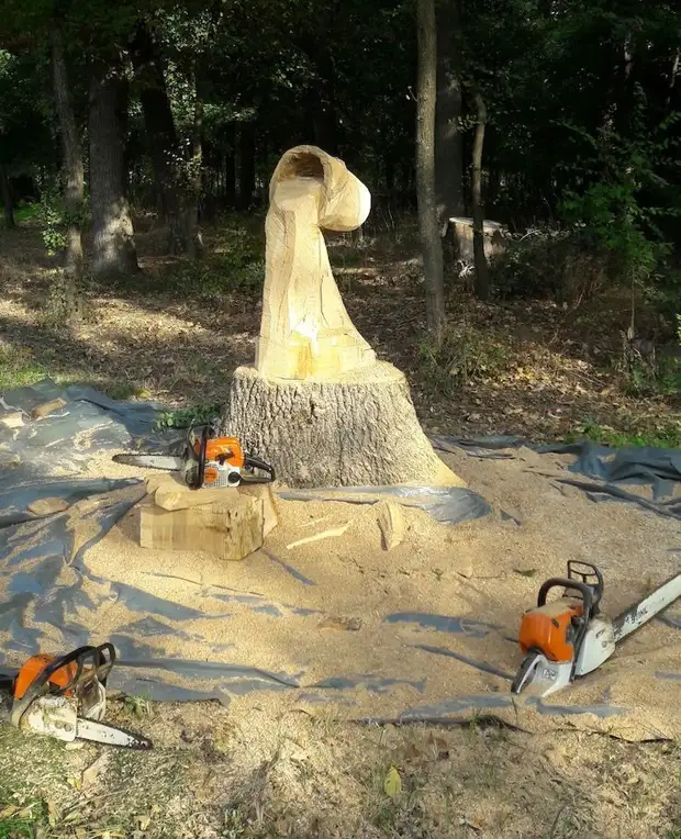 Chainsaw vaikinas pasuko puvimo kelmą į kibirą su tekančiu vandens medžiu, grožiu, kelmu, tai padaryti patys, daryti, skulptūrą