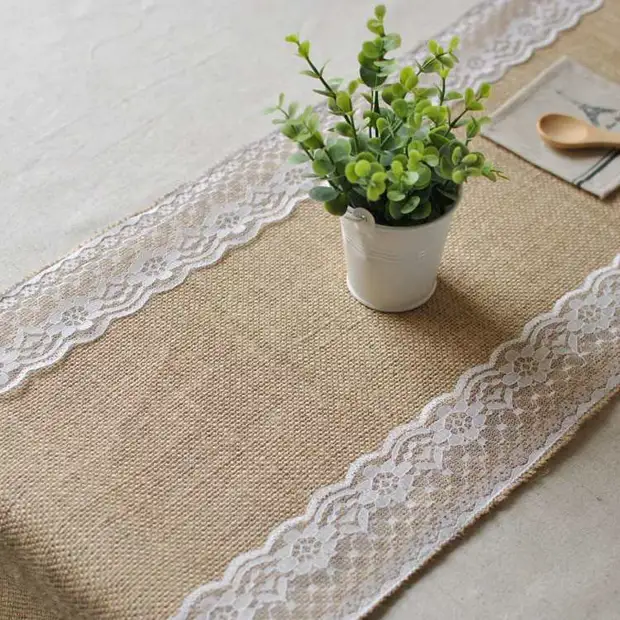 TableCloth nke burlap: Echiche dị mfe 45 nwere foto