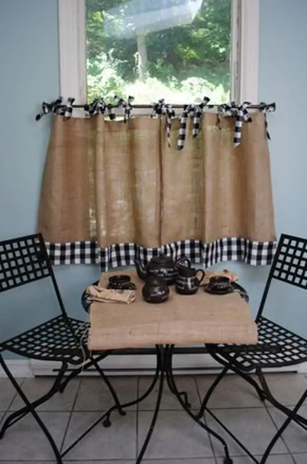 Burlap Curtains: Mma, ịdị mfe na nkasi obi na foto 35