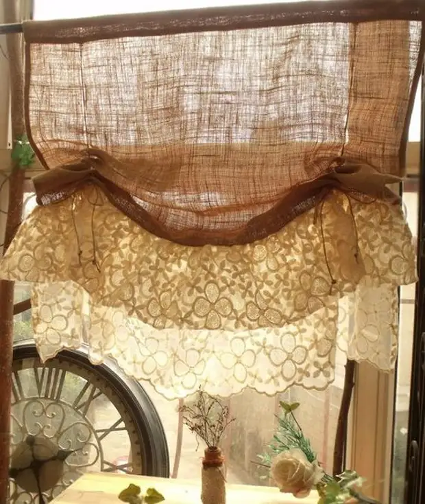 Burlap Curtains: Mma, ịdị mfe na nkasi obi na foto 35