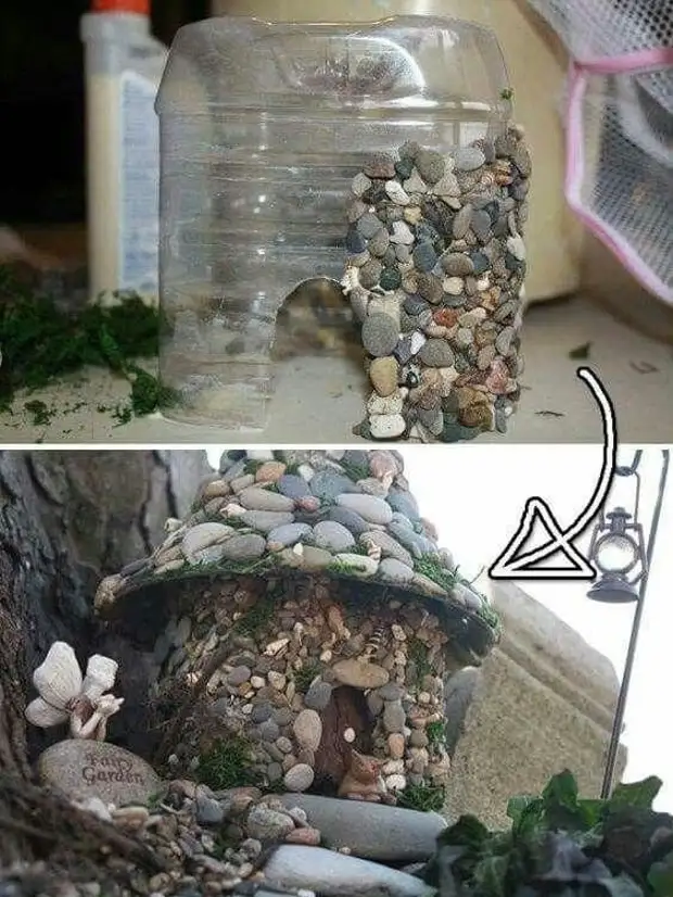 Castillo de botella de plástico y piedras. Idea original para la decoración del jardín o la casa de campo.