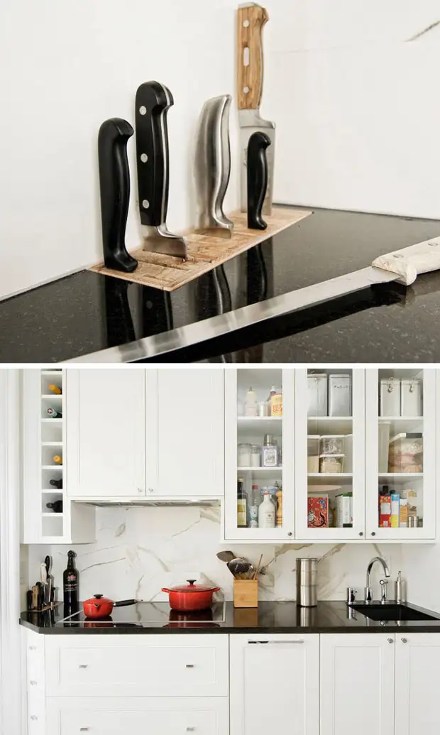 O bloco com a colocação de facas na foto da superfície da cozinha
