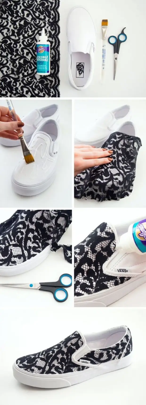 DIY Dantel Slip-On Speakers Sneakers. Bence makas değil, bir kumaş bıçağı kullanmak zorunda kalacağımı düşünüyorum. Makasla özenle kesilmekten korkunç.: