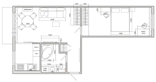 Design-Projekt einer Zwei-Zimmer-Wohnung Khruschtschow 44 Quadratmeter. m.