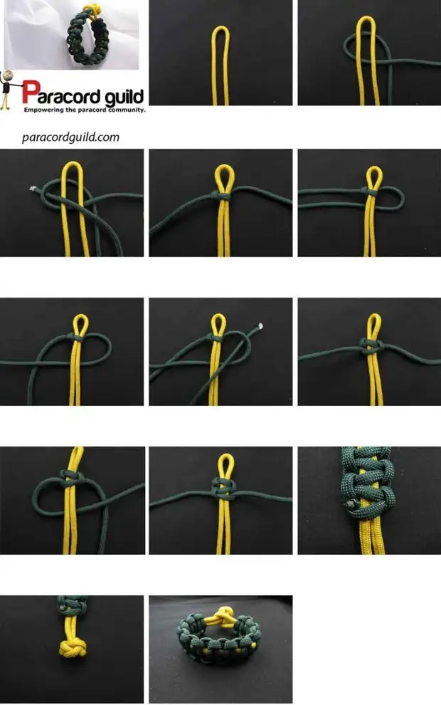 3. طريقة النسيج الأكثر شيوعا. بالمناسبة، المفضلة لدي! لذلك يمكنني نسج حتى مع عيون مغلقة في حلم مع إعصار يجري رأسك. كل شيء بسيط للغاية. كما تفهم، فإن الخيط الأصفر هو طول سوار. على الرغم من، parakord، المخططات