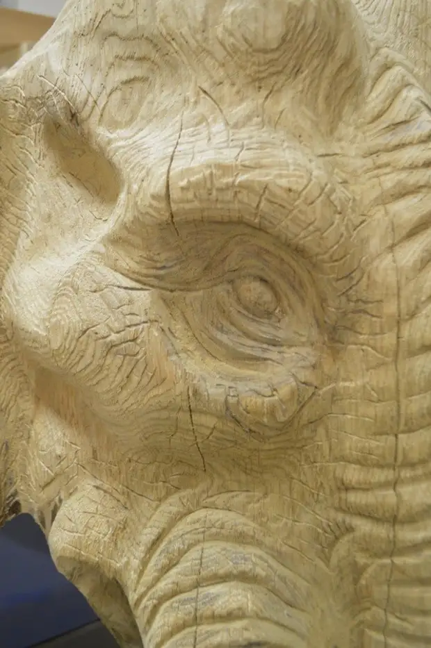 Elefant. Lavet af motorsav Alexander Ivchenko, motorsav, skulpturkædesav, elefantkædesav, elefant af eg
