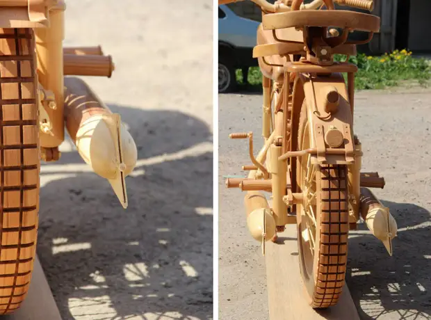 Yuriy Tyvyashvili creó una copia de madera precisa de la legendaria motocicleta soviética IL-49