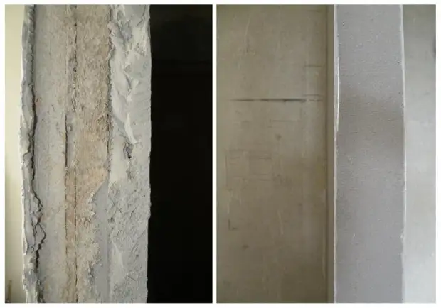 Left: Stucco thickness in some places. Right: reinforcement of angles with an iron corner.