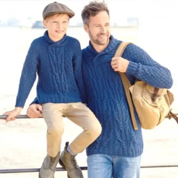 Pletení pullovers pro otce a syn v jednom stylu