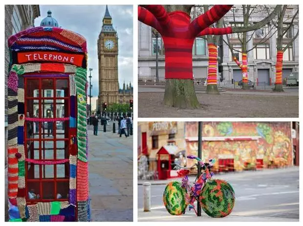 Rúa Knitting Yarbbing (bombardeo de fíos) - a base da cociness urbana