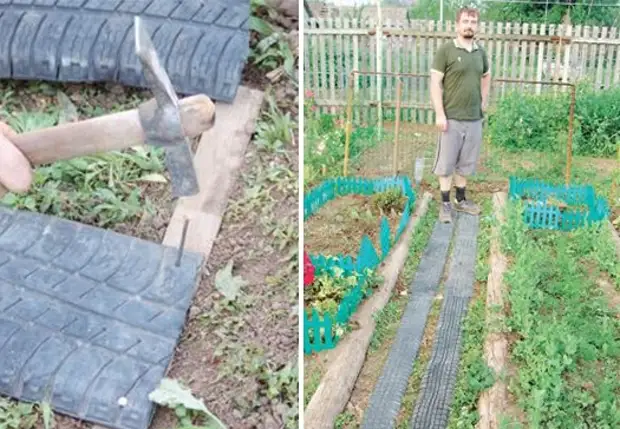 For convenient movement between the beds in the garden or garden, you can make non-slip tracks from old tires.