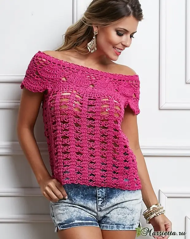 Top Crochet með Openwork Coquette. Áætlun