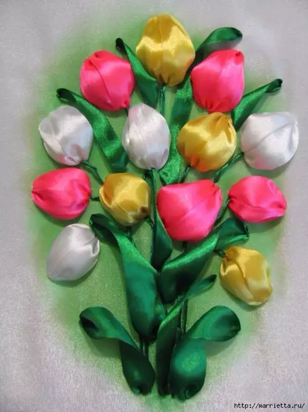 Thêu Hoa tulip Satin Ruy băng