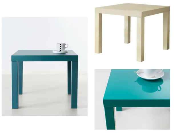 カラーの家具や内装のアイテム：ターコイズ、ライトグレー、ブルーグリーン。ミニマリズムのスタイルの家具や内装品。