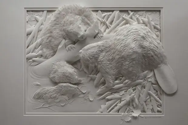 The artist creates sculptures of animals from paper