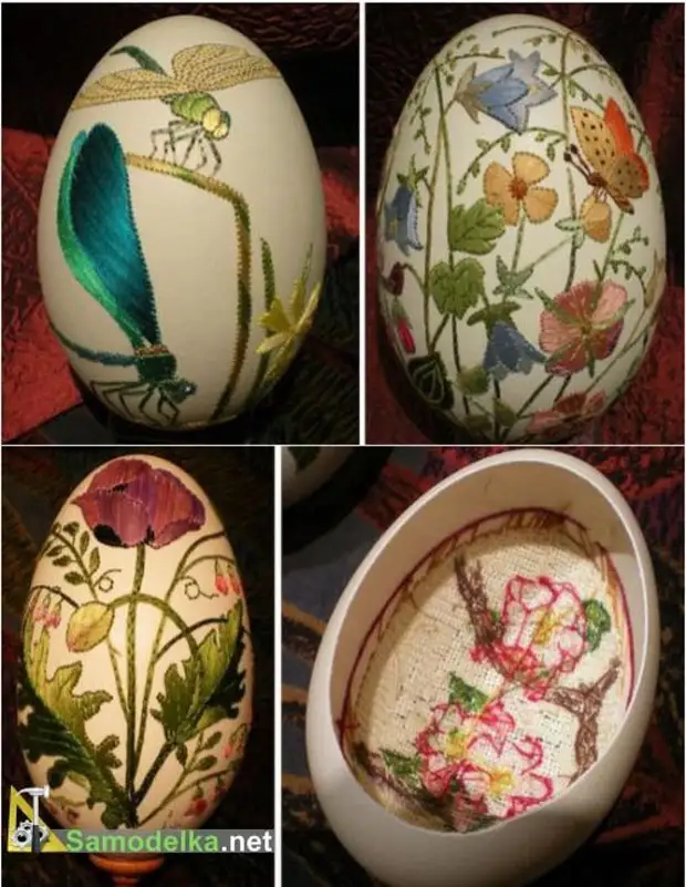 अंडे पर कढ़ाई - ड्रैगनफ्लाई और फूल