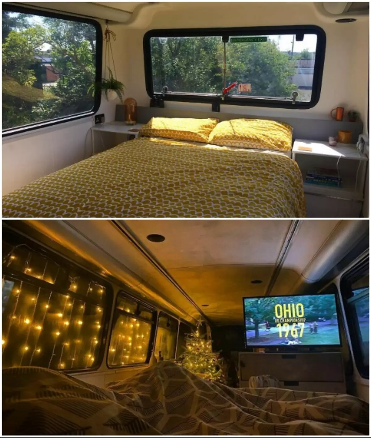 Quarto em um ônibus de casa criado por britânico apaixonado.