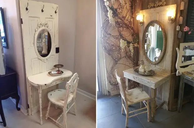 Bøjle, hylde, spejl, bord: gammel dør som inspirationskilde