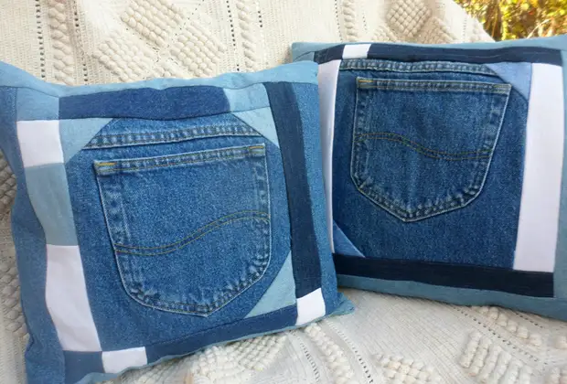 Idea bantal hiasan yang diperbuat daripada seluar jeans lama