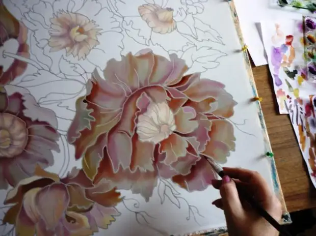 We draw beige peonies on the row. (Handkerchiefs) 60 / 60cm. Mk from Victoria Ignatova.