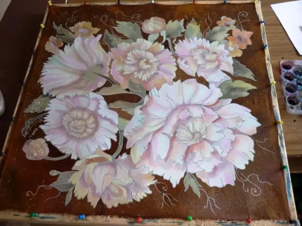 We draw beige peonies on the row. (Handkerchiefs) 60 / 60cm. Mk from Victoria Ignatova.