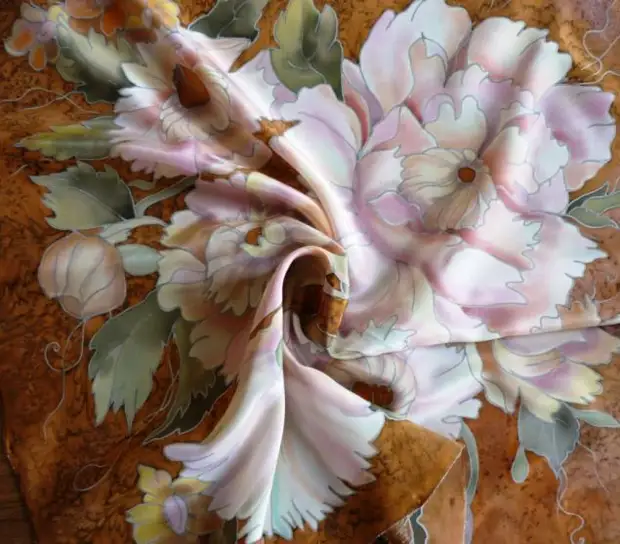 We draw beige peonies on the row. (Handkerchiefs) 60 / 60cm. Mk from Victoria Ignatova.