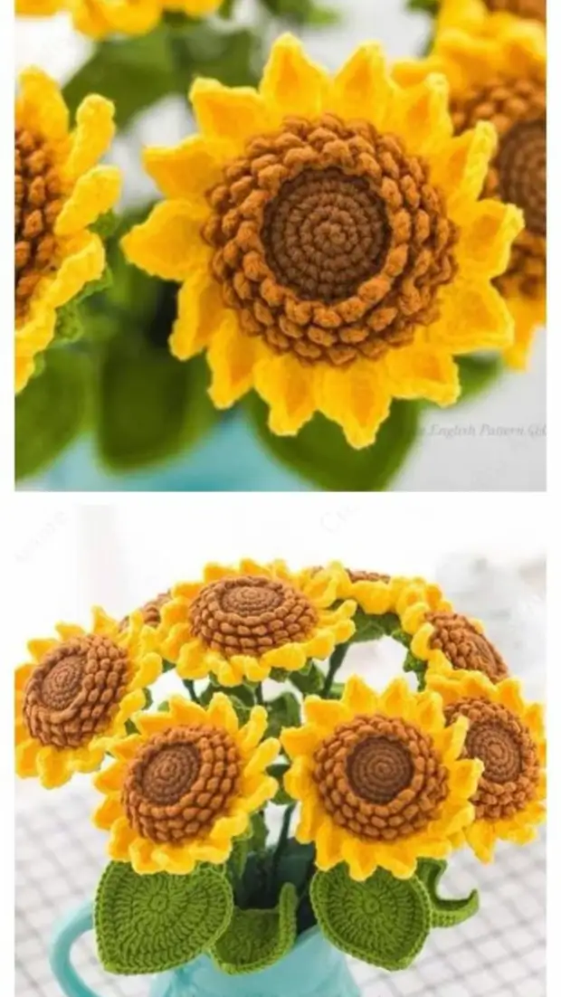 Gihapa nako ang matahum nga mga sunflower nga may crochet. Detalyado nga Master Class