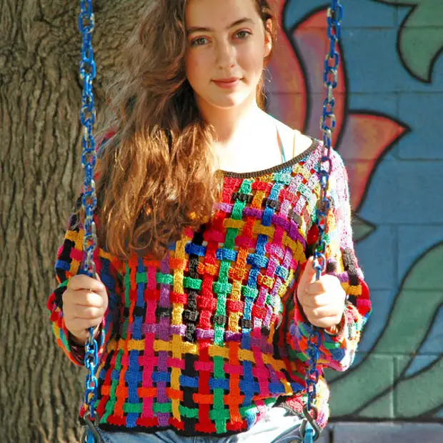 Sale .. 1980s Sweater. Multicolor Basket Weave.