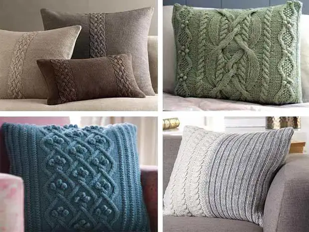 Pillowcases knitted kwenye mito ya sofa na sindano za knitting.