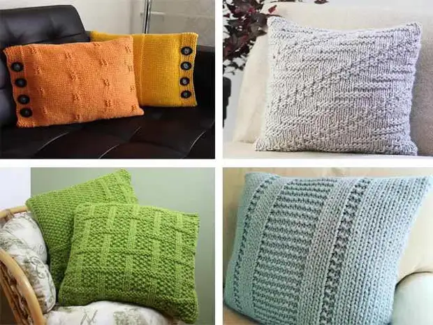 Prjónaðar pillowcases á sófa kodda með prjóna nálar