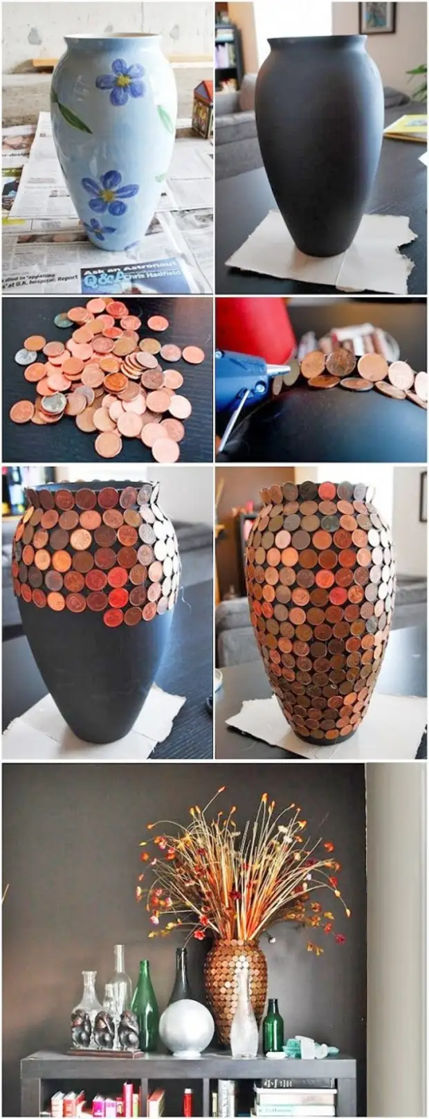 Almindelige vaser kan omdannes til at tiltrække opmærksomhed, interessante ting. Tilslut dem med mønter - lettere enkel, og effekten! Design, kreativ, mønt, dekoration