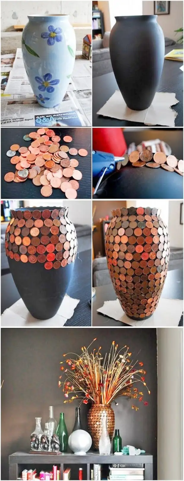 Venjuleg vases er hægt að breyta í að laða að athygli, áhugaverðar hlutir. Stingdu þeim með mynt - auðveldara einföld og áhrifin! Hönnun, Creative, Coin, Skreyting