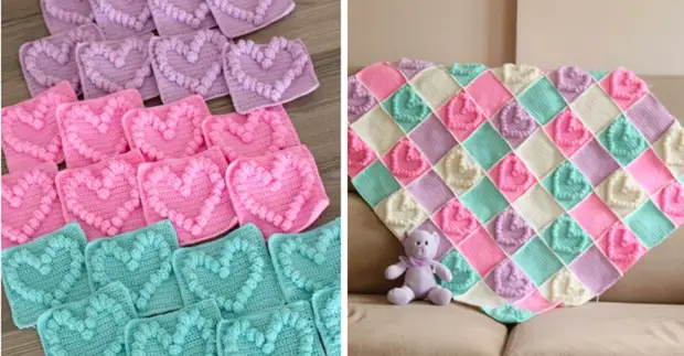 Hermoso patrón para crochet de plaid: corazóns "Popcorn"