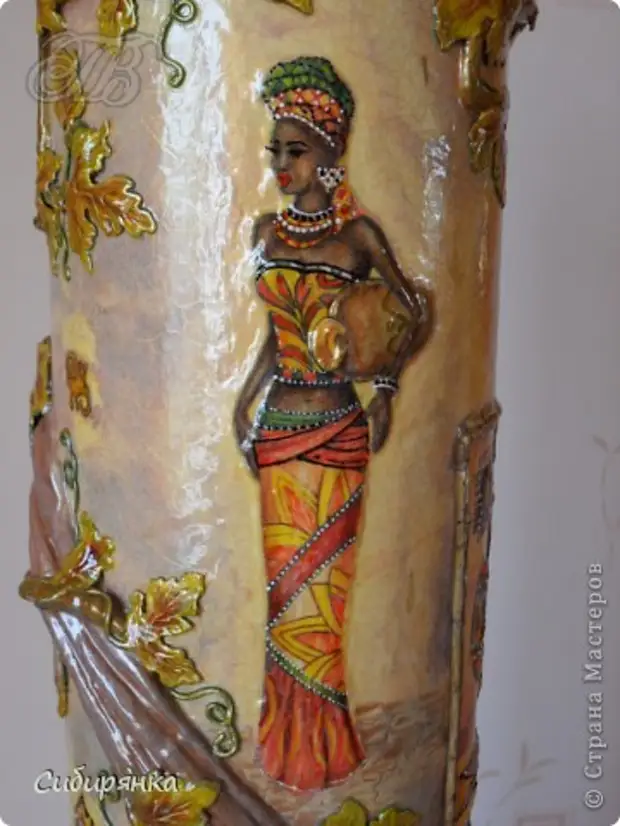 Decor Eroj Master Class Decoupage CrakHelPa Paĉjo Papier Maŝino Mk Floor Vase Do It Mantes African Motivoj Procezo PLANTA GLUE MATERIA ĈAPA NAPKINA KVARO PLI PLI