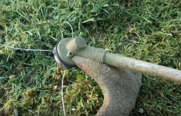 So ersetzen Sie die Linie in einem Trimmer auf einem Stahlkabel zum Schneiden von dicken Gras und Büschen