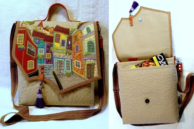 Погледнете произведенията на майстор Елвира Арсланова. Тя шива чудесни торбички. С къщи и градове