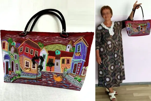 Guarda le opere del Maestro Elvira ArssLanova. Lei cuce sacchetti meravigliosi. Con case e città