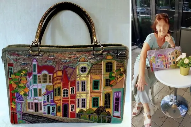 Veja as obras da Master Elvira Arslanova. Ela costura sacos maravilhosos. Com casas e cidades