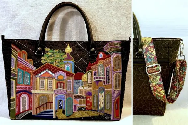 Погледнете произведенията на майстор Елвира Арсланова. Тя шива чудесни торбички. С къщи и градове