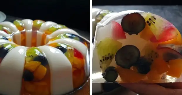 Frisk og sommer dessert: smuk frugt kage gelé