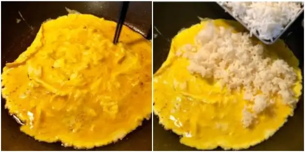 Cómo cocinar el arroz frito con un huevo: fruta los huevos y agregan arroz.