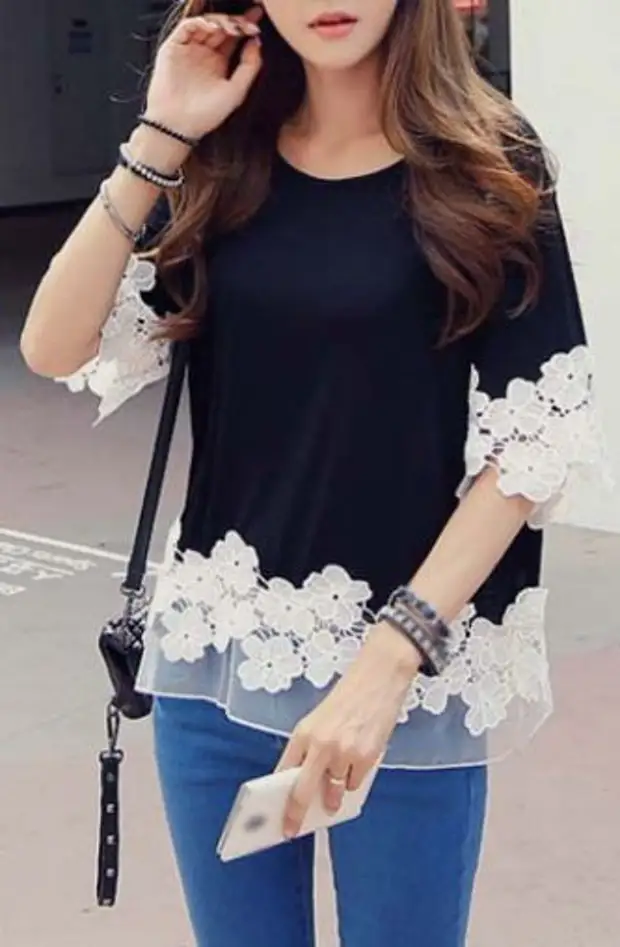 Modieuse Half Sleeve Lace Splicing T Shirt Swart: