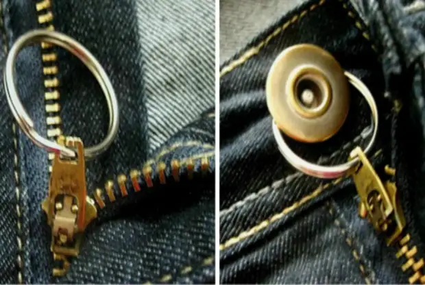 Der gewöhnliche Ring vom Schlüsselbund wird dazu beitragen, den Reißverschluss auf Jeans oder Hosen zu sperren.