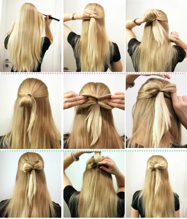 Bem, espalhe o cabelo. Duas fitas finas se conectam no Malun na cabeça da nuca e protegem o elástico, aplique uma espuma nela, de modo que o cabelo fosse suave e formar um arco, prenda-o com invisível.