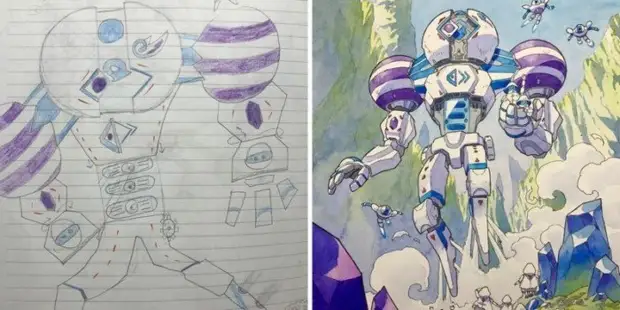 Các nghệ sĩ biến bản vẽ của con trai nhỏ của mình trong các minh họa chuyên nghiệp