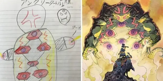 Sanatçı, küçük oğullarının çizimlerini profesyonel resimlerle dönüştürüyor